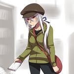  bag between_breasts book bow breasts cabbie_hat caffein casual hair_bow handbag hat hood hoodie large_breasts long_hair ponytail red_eyes silver_hair solo strap_cleavage vocaloid voyakiloid yowane_haku 