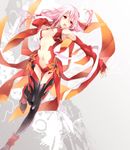  breasts center_opening cleavage detached_sleeves fingerless_gloves gloves guilty_crown kuroemon long_hair medium_breasts outstretched_hand pink_hair red_eyes solo thigh_gap thighhighs yuzuriha_inori 