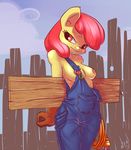  anthrofied apple_bloom_(mlp) areola atryl breasts clothed clothing ed_edd_n_eddy equine female fence friendship_is_magic fur hair horse mammal my_little_pony nail nipples orange_eyes outside overalls plank plank_(character) pony red_hair skimpy smile solo yellow_fur 