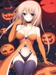  bad_id bad_pixiv_id banned_artist black_legwear blonde_hair blue_eyes blush breasts brown_hair choker elbow_gloves full_moon gloves halloween hat jack-o'-lantern long_hair looking_at_viewer medium_breasts moon navel orange_(color) original outline red_moon ribbon_choker shikano_sumiaki solo thighhighs witch_hat 