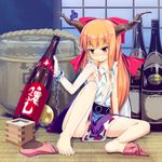  alcohol armpits bare_legs barefoot barrel belt blush bottle bow chain cuffs feet flat_chest hair_bow horn_ribbon horns ibuki_suika long_hair masu navel no_bra no_panties open_clothes open_shirt orange_hair revision ribbon sake sake_barrel sake_bottle sch shirt single_sock sitting skirt sleeveless sleeveless_shirt smile sock_dangle sock_pull socks socks_removed solo tatami thighs touhou wrist_cuffs yellow_eyes 