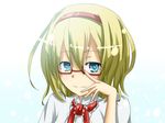  alice_margatroid bespectacled blonde_hair blue_eyes flask_(pandora) glasses looking_at_viewer smile solo touhou 