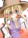  bespectacled blonde_hair blue_eyes blush flask_(pandora) glasses hand_on_hip highres long_hair looking_at_viewer moriya_suwako smile solo touhou upper_body 