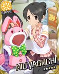  &gt;:( animal_hood artist_request black_hair black_legwear bow brown_eyes bunny_hood card_(medium) character_name frown hair_bun hood idolmaster idolmaster_cinderella_girls official_art plaid polka_dot sitting skirt solo striped sun_(symbol) sweatdrop thighhighs v-shaped_eyebrows yaguchi_miu 