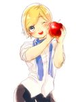  ;d apple blonde_hair blue_eyes blush food fruit highres holding katou_teppei one_eye_closed open_mouth resident_evil resident_evil_6 scarf sherry_birkin short_hair sleeves_rolled_up smile solo white_background 