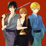  2boys black_hair blonde_hair brown_eyes brown_hair hadanugi_dousa japanese_clothes kanameyura katana long_hair low_twintails mizutani_shizuku multiple_boys sarashi short_hair sword tonari_no_kaibutsu-kun twintails wakizashi weapon yamaguchi_kenji yoshida_haru 