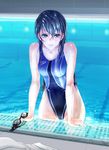  black_hair blue_eyes brand_name_imitation competition_swimsuit drain_(object) giba_(out-low) goggles goggles_removed highleg highleg_swimsuit highres indoors long_hair looking_at_viewer one-piece_swimsuit original parted_lips pool poolside refraction ripples solo speedo_(company) swimsuit towel wading wet wet_hair 