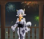  aerial_fireworks animal_ears animal_print bell bell_collar blush breasts collar cow_bell cow_ears cow_girl cow_print cow_tail drawfag fireworks green_eyes holstaurus horns impossible_clothes japanese_clothes kimono large_breasts monster_girl monster_girl_encyclopedia obi railing sash short_hair silver_hair tail 