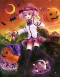  bat black_legwear bow crescent_moon detached_sleeves ganbo halloween hat jack-o'-lantern looking_at_viewer lufein mirakurun moon pink_hair skirt thighhighs twintails wand witch_hat yuru_yuri 