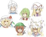  anger_vein animal_ears blonde_hair blue_eyes brown_eyes brown_hair cat_ears cat_tail chen closed_eyes finger_to_mouth flandre_scarlet flask_(pandora) fox_tail green_hair hat highres jewelry kazami_yuuka letty_whiterock long_hair multiple_girls multiple_tails open_mouth red_eyes short_hair simple_background single_earring smile tail touhou white_background wings yakumo_ran yakumo_yukari yellow_eyes 