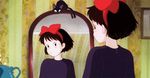  1girl 80s animated animated_gif black_hair bow cat hair_bow jiji_(majo_no_takkyuubin) kiki lowres majo_no_takkyuubin mirror short_hair studio_ghibli 
