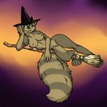 aggrobadger arm_support breasts broom brown_body brown_hair claws female fluffy_tail green_eyes hair halloween hat holidays long_hair looking_at_viewer lying magic_user mammal nipples nude on_side pink_nipples raccoon ringed_tail solo toe_claws toes witch witch_hat 