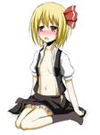  :o blonde_hair blush flask_(pandora) flat_chest frilled_skirt frills hair_ribbon highres navel no_bra no_panties open_clothes open_mouth open_shirt open_skirt red_eyes ribbon rumia shirt short_hair simple_background sitting sketch skirt solo sweat touhou untied vest wariza white_background 