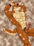  abstract_background anthro arms_behind_head balls biceps big_muscles big_penis blush brown_fur canine chest_tuft erection eyes_closed flexing fur harumino lying male mammal muscles nipples nude on_back orange_fur pattern_background pecs penis pose presenting sheath solo standing stretching sweat sweatband tuft vein wolf wuffle 