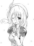  blush finger_to_mouth flask_(pandora) greyscale letty_whiterock monochrome one_eye_closed simple_background smile solo touhou white_background 