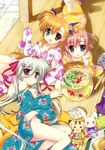  :d :p absurdres asteion barefoot blonde_hair blue_eyes brown_hair einhart_stratos fan fish fishbowl fujima_takuya goldfish green_eyes green_hair hair_ribbon heterochromia highres japanese_clothes kimono long_hair lyrical_nanoha mahou_shoujo_lyrical_nanoha_vivid miura_rinaldi multiple_girls no_panties off_shoulder official_art open_clothes open_kimono open_mouth purple_eyes red_eyes ribbon sacred_heart scan short_hair smile star tongue tongue_out twintails vivio yukata 