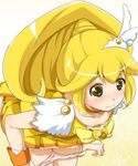  bent_over blonde_hair bow cure_peace hair_flaps kise_yayoi long_hair panties panty_pull precure sch skirt smile_precure! solo tears underwear yellow yellow_bow yellow_eyes yellow_skirt 