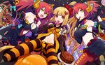  bad_id bad_pixiv_id banned_artist breasts cake candle candy demon_horns food halloween happy_halloween harano highres horns jack-o'-lantern long_hair medium_breasts multiple_girls name_tag open_mouth original pantyhose skirt smile striped striped_legwear thighhighs 