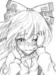  blush bow crying crying_with_eyes_open face flask_(pandora) fujiwara_no_mokou greyscale hair_bow long_hair monochrome simple_background solo tears touhou upper_body white_background 