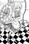  braid chain crossed_arms flask_(pandora) greyscale high_heels highres izayoi_sakuya knife looking_at_viewer maid maid_headdress monochrome open_mouth pocket_watch shoes solo touhou twin_braids watch 