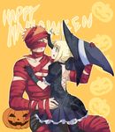  1boy 1girl ahoge alternate_costume alternate_outfit archer_(cosplay) bandage blond blonde_hair emiya_shirou exposed_back fate/kaleid_liner_prisma_illya fate/stay_night fate/zero fate_(series) hair halloween hat mummy one_eye_covered prisma_illya pumpkin red_hair saber thighhighs witch witch_hat zettai_ryouiki 