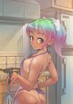  4chan apron ass bikini_tan bow breasts brown_eyes cooking frying_pan gradient_hair green_hair hair_bow long_hair looking_at_viewer looking_back multicolored_hair naked_apron nipple_slip nipples original orz_(orz57) pink_hair ponytail small_breasts smile spatula tan tanline waifu-tan 