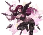  aoin arm_up belt black_eyes black_gloves breasts gloves highres holding katarina_du_couteau knife large_breasts league_of_legends leg_up lips long_hair low_neckline navel red_hair scar solo thigh_strap thighs 