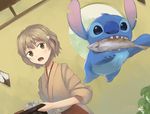  brown_eyes brown_hair crossover dutch_angle fish hanasaku_iroha japanese_clothes kanokoga kissuisou_uniform lilo_&amp;_stitch matsumae_ohana nakai_(waitress) notched_ear pun short_hair stitch_(lilo_&amp;_stitch) tray waitress 