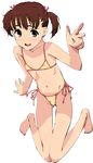  baba_arumi bare_shoulders barefoot bikini blush brown_eyes brown_hair flat_chest hair_ribbon kneeling looking_at_viewer navel open_mouth original ribbon short_hair short_twintails side-tie_bikini simple_background skinny slim_legs smile solo swimsuit twintails white_background 