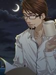  alternate_hairstyle bad_id bad_pixiv_id brown_eyes brown_hair crescent_moon cup facial_hair glasses ichigou_(11_go) kaburagi_t_kotetsu male_focus moon mug reading short_ponytail solo stubble tiger_&amp;_bunny 