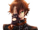 &gt;:( black_gloves brown_hair chain chuunibyou_demo_koi_ga_shitai! code_geass covering_one_eye dark_flame_master fingerless_gloves frown fukuyama_jun gloves green_eyes highres lelouch_lamperouge male_focus messy_hair parody rpg-exen seiyuu_connection serious simple_background solo togashi_yuuta v-shaped_eyebrows white_background 