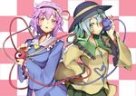  blue_hair blush checkered checkered_background ginko_(nico) green_eyes hairband hat heart heart_of_string komeiji_koishi komeiji_satori multiple_girls one_eye_closed pink_eyes purple_hair short_hair siblings sisters third_eye touhou 