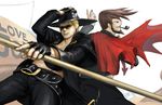  beard belt blonde_hair brown_eyes brown_hair facial_hair gloves guilty_gear hat johnny_sfondi long_hair minoo monocle multiple_boys pipe pirate skull_and_crossbones slayer_(guilty_gear) sunglasses sword vampire weapon 