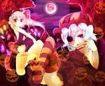  alternate_costume amacha backless_outfit bad_id bad_pixiv_id bare_arms bare_shoulders barefoot bat_wings blonde_hair dress eye_contact feet flandre_scarlet full_moon glowing glowing_wings hair_ribbon halloween hands_on_own_knees hat head_wings highres jack-o'-lantern looking_at_another looking_at_viewer midriff moon multiple_girls navel navel_cutout no_shoes open_mouth pink_eyes purple_dress purple_legwear red_moon remilia_scarlet ribbon short_hair siblings side_ponytail silver_hair single_thighhigh sisters sitting smile smirk stitches striped striped_legwear thighhighs touhou wings zombie 