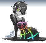  1girl ameno_sagiri atlus blue_eyes breasts cleavage clothing crossgender dated female frown goo_girl gradient_background green_eyes hair hair_over_eye hair_over_one_eye headphones hips junkpuyo large_breasts looking_at_viewer megaten melting messy_hair monster_girl multi_faceted_eye multicolored_eyes navel persona persona_4 personification pose red_eyes red_sclera shin_megami_tensei short_hair simple_background skin_tight solo video_games white_background wide_hips yellow_eyes 