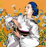  album_cover araki_hirohiko blue_hair bug cover flower insect ishikawa_sayuri japanese_clothes jojo_no_kimyou_na_bouken killer_queen kimono ladybug mole official_art solo 