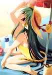  absurdres animal_ears arm_up bare_shoulders barefoot beach bottle breasts casual_one-piece_swimsuit cleavage eretto feet green_hair hat highres long_hair looking_up medium_breasts one-piece_swimsuit original red_eyes scan sitting solo straw_hat sun_hat swimsuit tail tiger_ears tiger_tail very_long_hair wariza water_bottle yellow_swimsuit 