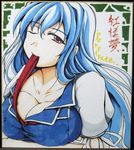  blue_hair breast_hold breasts cleavage kamishirasawa_keine large_breasts long_hair mouth_hold neckerchief one_eye_closed red_eyes reiha_(penetrate) shikishi smile solo touhou traditional_media 