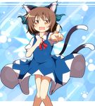  animal_ears blue_dress blush bow brown_eyes brown_hair cat_ears cat_tail chen cirno cirno_(cosplay) cosplay do_(4-rt) dress fang hair_bow highres looking_at_viewer multiple_tails nekomata open_mouth paw_print pointing pointing_at_viewer puffy_sleeves shirt short_hair short_sleeves solo sweatdrop tail touhou wavy_mouth 