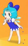  70s barefoot blue_eyes blue_hair candy cirno f0360 fairy fushigi_na_merumo ice ice_wings looking_at_viewer miracle_candy oldschool open_mouth short_hair simple_background tezuka_osamu_style touhou wings 