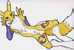  &#169; at blue_eyes canine collar digimon elbow_gloves fox fur glove gloves kotto_(artist) looking looking_at_viewer male mammal markings nude penis plain_background purpel purple_clothing renamon sheath solo viewer white white_background wiskar yang yellow yellow_fur yin_yang ying 