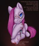  blood blue_eyes dagger english_text equine female feral friendship_is_magic hair horse looking_at_viewer mammal motch my_little_pony pink_hair pinkamena_(mlp) pinkie_pie_(mlp) pony simple_background smile solo text weapon 
