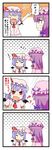  4koma ascot bat_wings blue_hair brooch capelet closed_eyes comic crescent dress fang food food_on_face hat hat_ribbon jewelry kimineri long_hair long_sleeves multiple_girls open_mouth patchouli_knowledge petting pink_dress purple_eyes purple_hair red_eyes remilia_scarlet ribbon short_hair short_sleeves smile touhou translated wings 