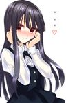  1girl black_hair blush copyright_request empty_eyes frills hands_on_own_cheeks hands_on_own_face looking_at_viewer red_eyes school_uniform silve smile solo white_background 