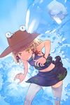  bare_shoulders blonde_hair bracelet chibi eyes hair_ribbon hat ice jewelry midriff moriya_suwako navel no_nose ribbon shatter short_hair skirt sleeveless thighhighs touhou white_legwear yasaka_kanako yellow_eyes yst zettai_ryouiki 