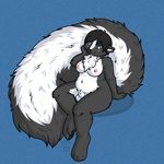  anthro balls big_tail black_fur black_hair blue_eyes blush breasts chest_tuft chubby dickgirl fluffy_tail fur hair hindpaw hush hush-a-bye intersex looking_at_viewer mammal myris nipples nude paws plain_background pudgy sheath sitting skunk solo toes tuft 