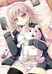  akahito bad_id bad_pixiv_id black_legwear brown_hair controller danganronpa dvd_case frills game_controller hair_ornament holding looking_at_viewer lying monomi_(danganronpa) nanami_chiaki on_back red_eyes short_hair smile solo stuffed_animal stuffed_bunny stuffed_toy super_danganronpa_2 swimsuit thighhighs 