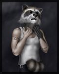  barcode biceps black_eyes clothing invalid_tag male mammal neck pants paws raccoon shirt sleeveless_shirt snout solo splice_(artist) standing tank_top tattoo transformation whiskers 