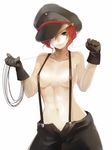  areola_slip areolae bakuretsu_hunters bangs black_gloves blue_eyes breasts breasts_apart chocolate_misu collarbone contrapposto cowboy_shot garrote gloves hair_over_one_eye hat highres holding large_breasts looking_at_viewer naked_suspenders naughty_face navel one_eye_covered open_fly pale_skin peaked_cap red_hair revealing_clothes settyaro short_hair simple_background smile solo standing suspenders topless unzipped white_background wire 