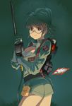  brown_eyes brown_hair ghostbusters glasses halloween highres no_symbol oinario proton_pack short_hair solo 